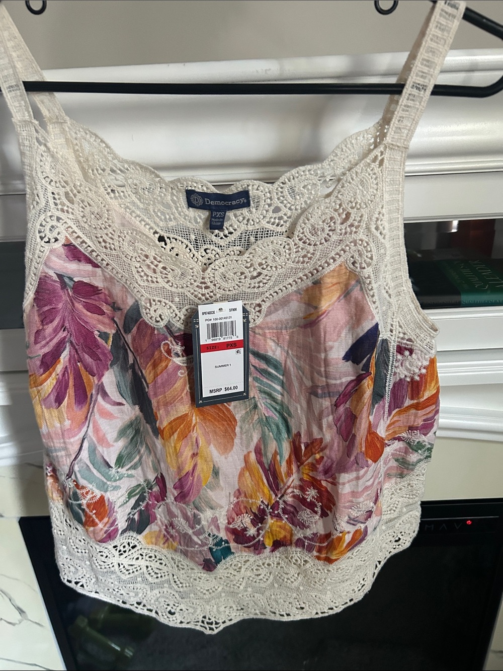 Democracy Cream Lace-Trim Floral Camisole with Pink, Purple & Orange Accents